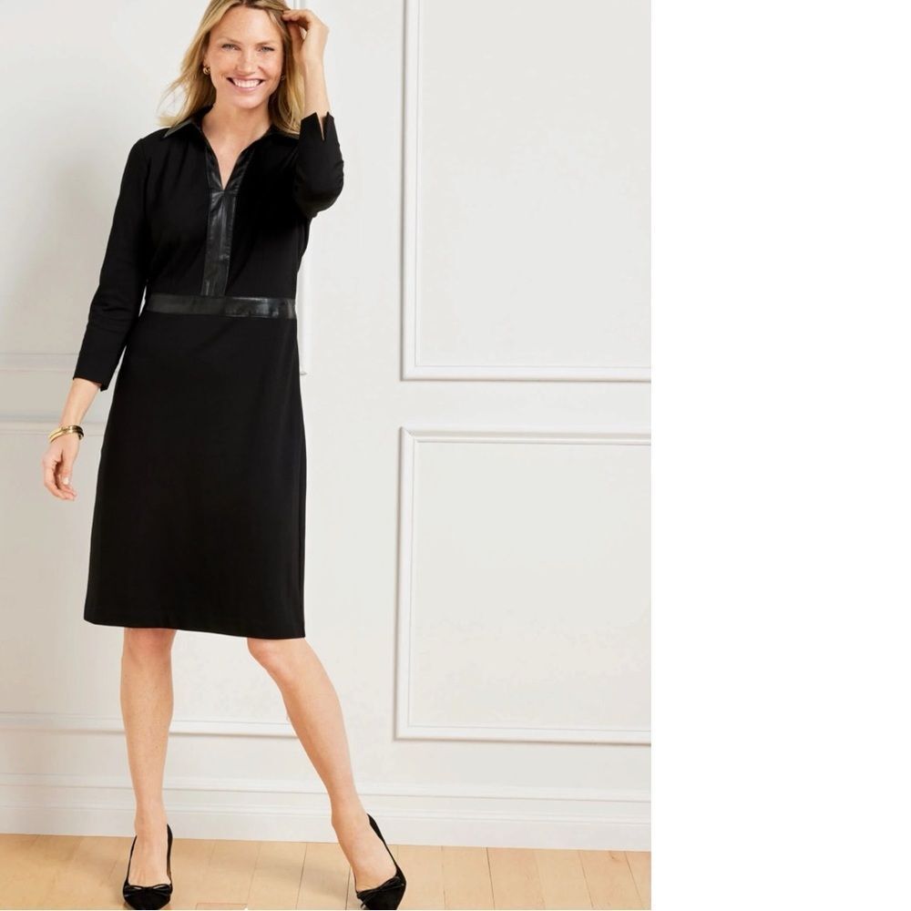 Talbots Black Faux Leather Trim Long Sleeve Shealth Dress Size 10 New